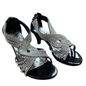 Delicacy Womens Size 9 Silver Rhinestone on Shiny Black Open Toe 3" Heel Shoes